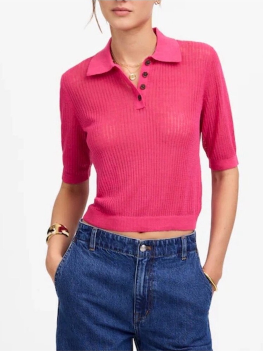 Madewell Ribbed Linen Short Sleeve Polo Sweater Tee Shirt NV250 Size Medium M